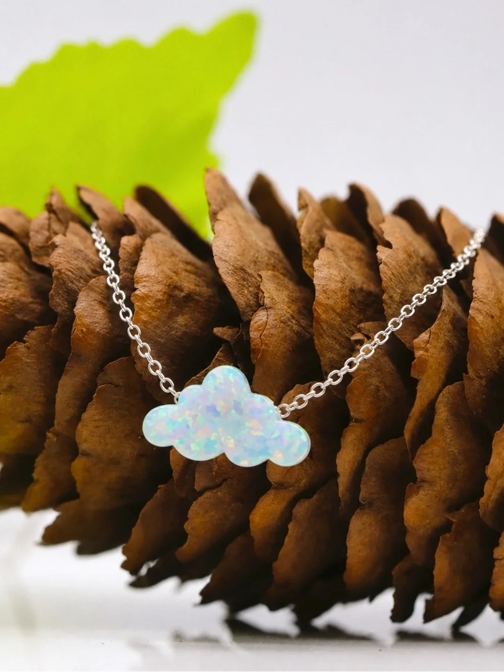 “White Opal Cloud” Rainbow Iridescent Glittery Cumulus Sky Weather 925 Necklace